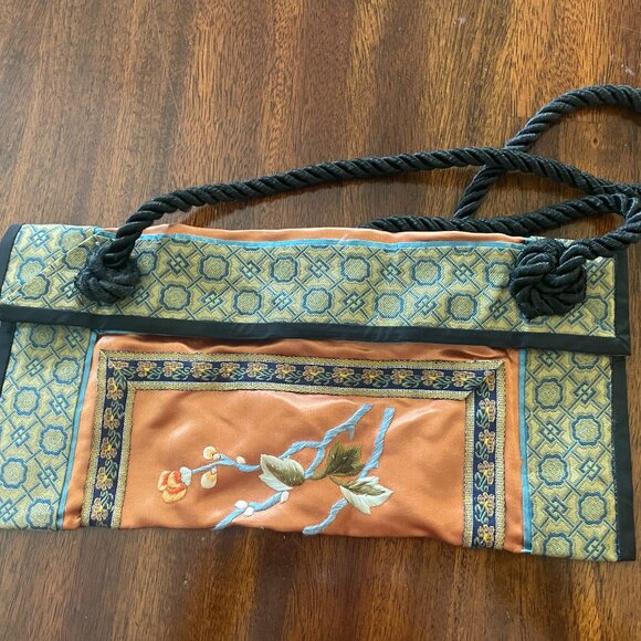 Silky Embroidered Floral Bird Asian Shoulder Bag 11" x 5.5" Rope Strap! - Picture 1 of 5